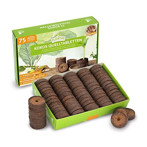 FLORTUS Kokos Quelltabletten mit NPK Dünger | 75 Stück (36 mm) Quelltabs aus Anzuchterde torffrei | Kokoserde für Pflanzen | Quelltabletten Anzucht | Anzuchterde aus Kokosfaser | Pflanzen Anzucht
