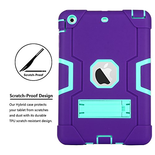 Ipad Mini Case, Mini 2 Case, Mini 3 Case, Rugged Kickstand Series - Shockproof Heavy Duty Hybrid Three Layer Armor Defender Kids Child Proof Case Cover For Ipad Mini 1/2/3 - Purple Teal #TOP1