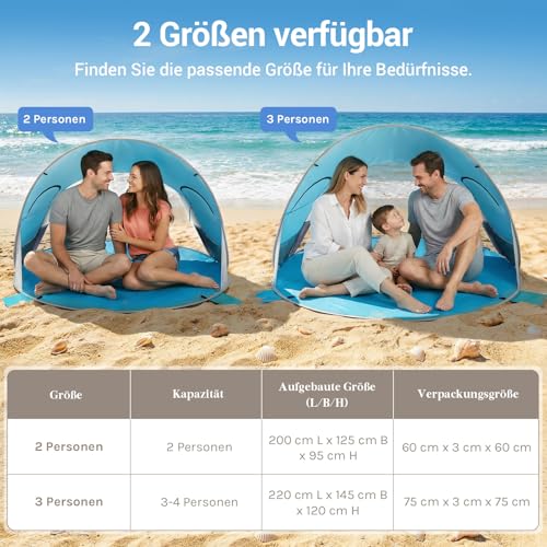 WolfWise Strandmuschel Pop-Up Zelt mit UV-Schutz 50+, 3-4 Personen Strandzelt, Sonnenschutz & Windschutz Tragbar Wurfzelt Baby Kinder Sonnenzelt Kleines Packmaß für Familie Camping Garten Strand Blau
