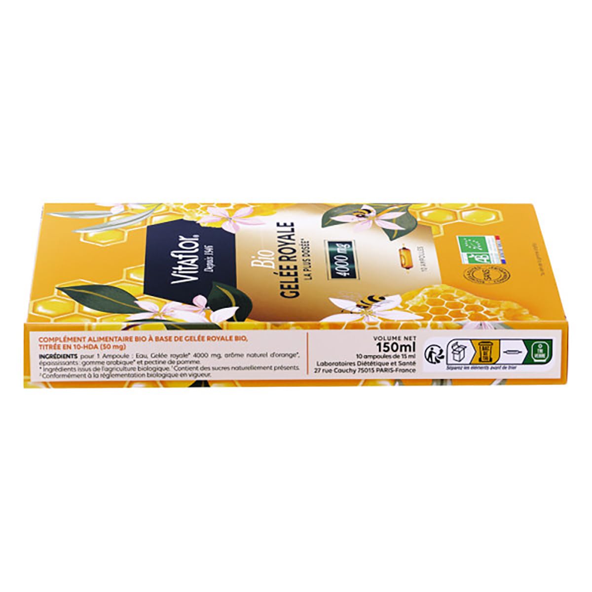 VITAFLOR Gelée Royale Bio 4000 mg | Boîte de 10 Ampoules | Programme de 10 Jours | Goût Orange