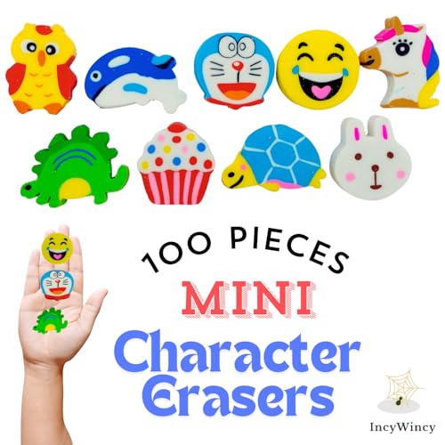Image of Cute Cartoon Mini Erasers (Pack of 100) - Funny Shaped, Colorful Novelty Erasers for Kids, 3cm X 2cm X 0.4cm, Ideal for Birthday Return Gifts, Party Favors, and School Stationery