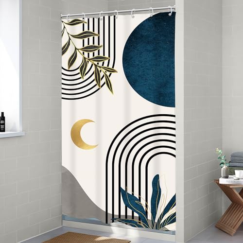Image of Riyidecor Small Stall Navy Blue Abstract Shower Curtain Rv Boho Mid Century Minimalist Leaves Modern Geometric Gold Moon Arch 36Wx72H Inch Men Fabric Decor Bathroom Polyester Waterproof Hooks