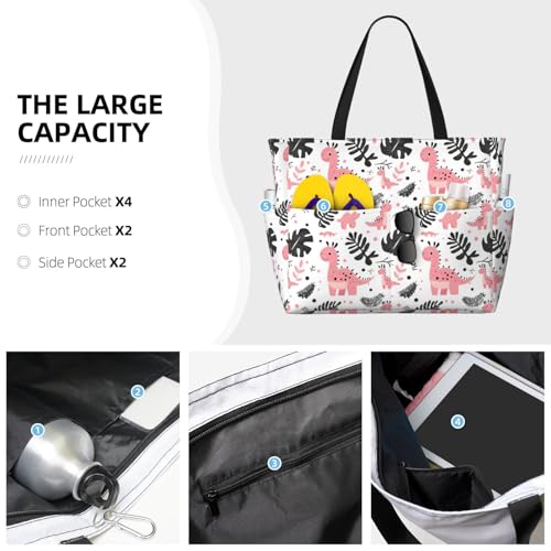 Large Beach Bags for Women Sandproof - Dinosaur Palm Leaves Print Summer Work Travel Tote Bags with Zipper3