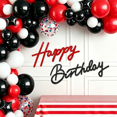 Image of TONIFUL Happy Birthday Sign for Backdrop - Glitter Black Red Felt Banner - Includes Dot Glue - Perfect for Birthday Party Backdrop,Wall Decr,Balloon Arch,Photo Background