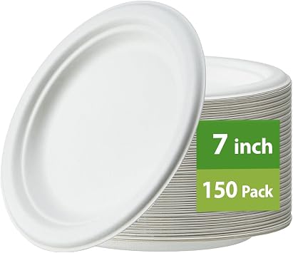 Jaluxing 150-Pack 7 Inch Paper Plates, Heavy Duty Disposable Party Plates - Eco-Friendly, Biodegradable Sugarcane Bagasse, White Unbleached 7" Dinner Paper Plate