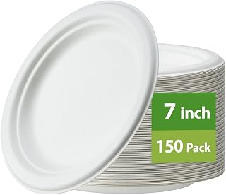 Jaluxing 150-Pack 7 Inch Paper Plates, Heavy Duty Disposable Party Plates - Eco-Friendly, Biodegradable Sugarcane Bagasse, White Unbleached 7" Dinner Paper Plate