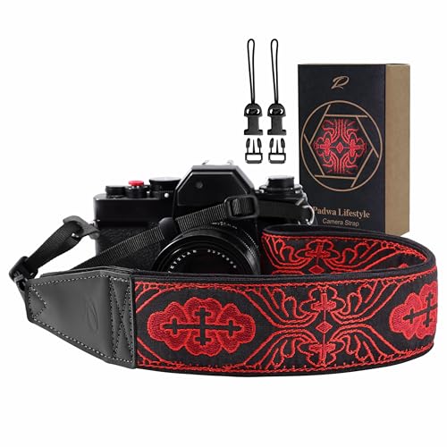 Image of Padwa Lifestyle Camera Strap - 2 inch Full Grain Leather Ends Camera Straps for Photographers, Vintage Red Embroidered Cotton Weave Soft Suede Fabric Padded Strap Quick Release fits All Cameras
