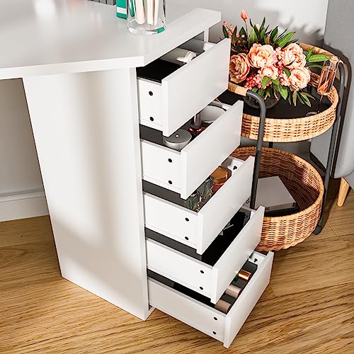 Soldow Vanity Desk with Mirror & Lights, White Makeup Desk with 5 Drawers, Corner Vanity Dressing Table for Bedroom Woman Girls