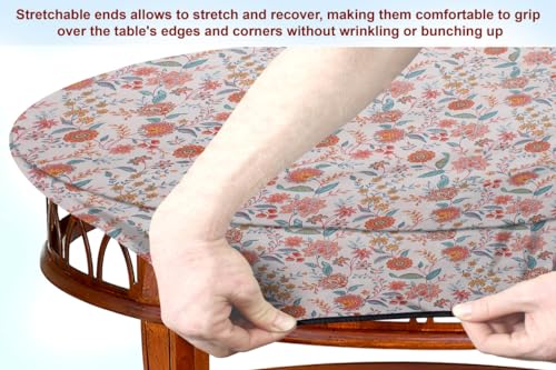 Image of The Furnishing Tree Elastic Cotton Oval Center Table Cover 16x48 in Inches Floral Multicolor on offwhite Base
