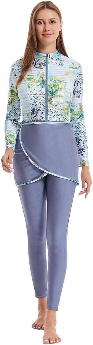 Women's Muslim Swimwear Long Sleeve Burkini Full Cover Swimsuit Rash Guard, 3pcs Set