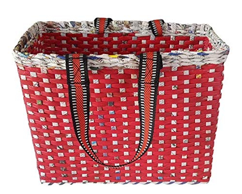Image of Paperus, Large, Lunch Bag, Picnic Basket, Carry Bag, Handbag, Tiffin Basket for Office; Rectangular, Eco-Friendly, Handmade, of Paper Ropes, in Inch 11 H, 14 L, 7 Wide Base Red