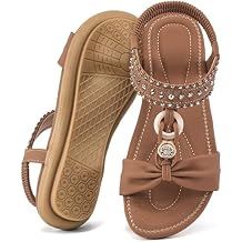 HARENCE Womens Summer Flat Sandals Comfortable Elastic Ankle Strap Dress Flats Shoes Casual Slip On Bohemian Beaded Walking Sandal