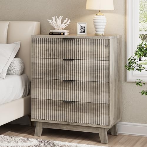Image of Xixini Fluted Nightstand, 31.5 inch Wide Side Table with 4 Large Storage Drawers, Mid Century Modern Wood Night Stand with Metal Handle, Wooden Bedside End Table for Bedroom, Grey