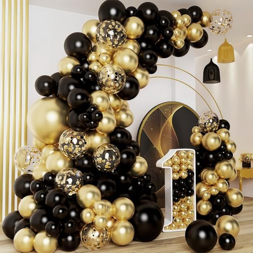 Flintronic Kit arco balões ouro preto, 124 peças grinalda de látex com preto ouro e balão de confete dourado, para crianças, noivado, decoração de aniversário, Baby Shower, casamento, graduação