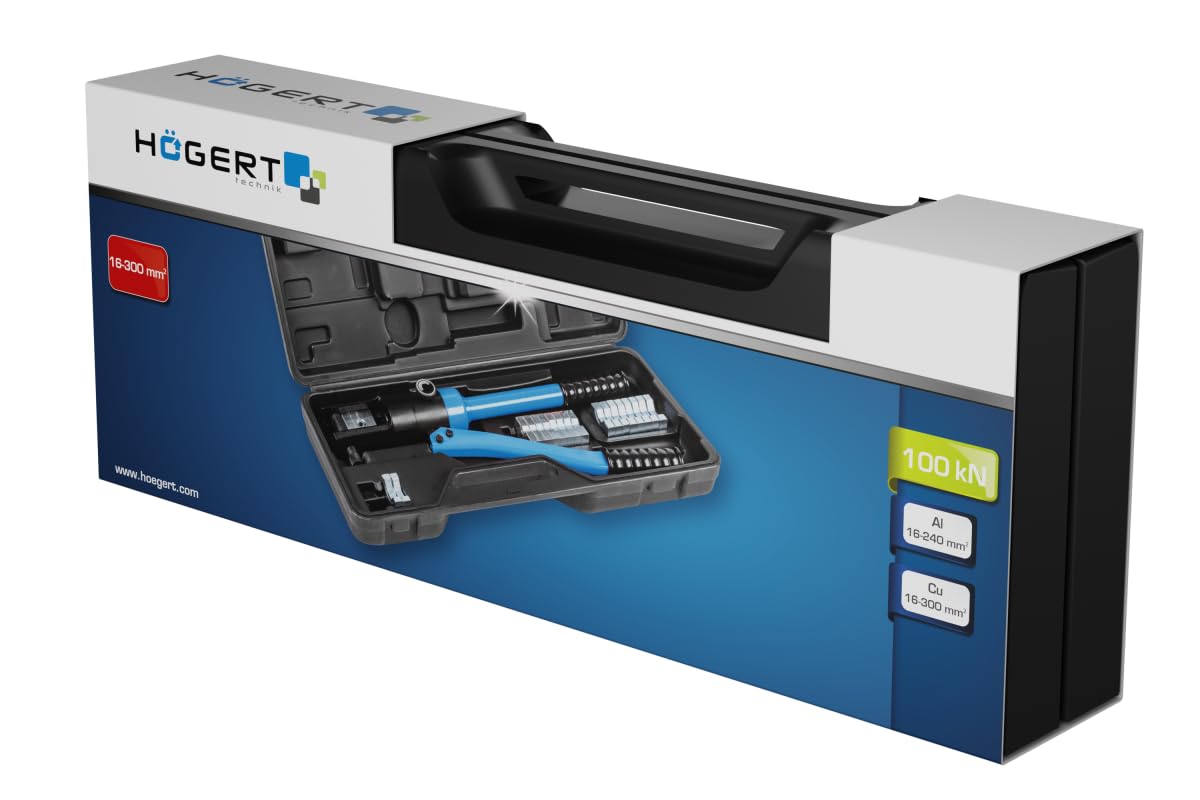 HÖGERT TECHNIK Prensa de cables hidráulica 16-300 mm², fuerza de sujeción de 10 toneladas, juego de crimpado (11 tamaños), para cables de cobre y aluminio, cabezal giratorio, maletín