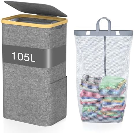 105L Laundry Basket with Lid, Large Foldable Washing Basket with ...