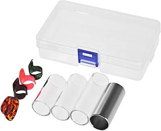 IUPPA Guitar Slides Set Includes 3 Glass Slides (5.1cm/ 6cm/ 7cm) + 1 Stainless Steel Slide (6cm) + 4pcs Celluloid Thumb & Finger Picks(Random Color Delivery) with Plastic Storage Box