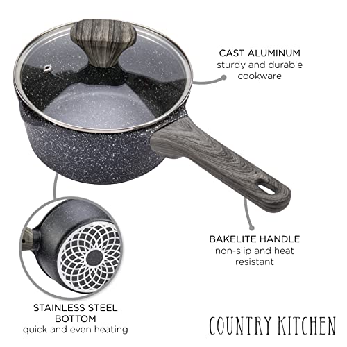 Country Kitchen Nonstick Cookware Sets - 6 Piece Nonstick Cast Aluminum Pots And Pans With Bakelite Handles - Non-Toxic Pots With Glass Lids - Speckled Black With Black Wood Handles #TOP1