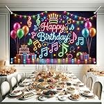 Neon Happy Birthday Banner Backdrop Music Party Decorations Glow in The Dark Graffiti Splash Paint Backdrop Colorful Notes Balloons Lights Brick Wall Photo Background Prop 71 x 43 inch - Image 5