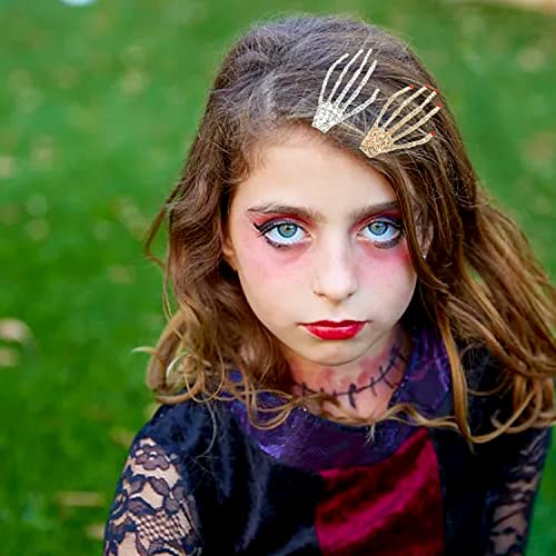 Honbay 6Pcs Alloy Rhinestone Skeleton Hand Hair Clip Halloween Skull Hand Hairpin Zombie Punk Rock Horror Bone Hair Barrette Claws Slide Kids Cosplay Party Favors #TOP4