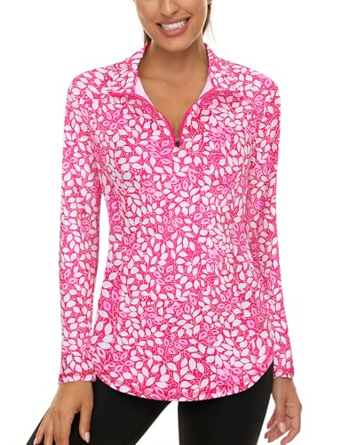 LURANEE Womens UPF 50+ Long Sleeve 1/4 Zip Pullover Athletic Hiking Running Workout Tops White Leaf Pink 3XL