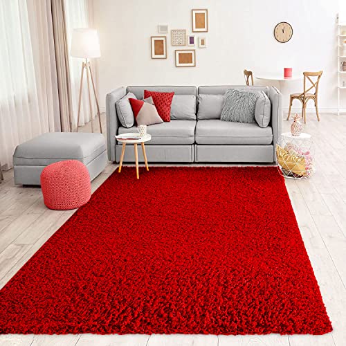 VIMODA Prime Poils Longs Shaggy Tapis À Longs Poils Haut Velours Tapis Modernes pour Salon Chambre À Coucher Couleur Unie Nougat Marron Clair Rouge, Rouge, 160x220 cm