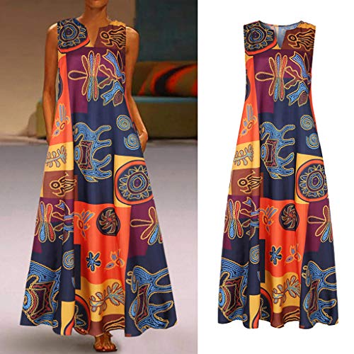 Witspace Women Plus Size Print Daily Casual Sleeveless Vintage Bohemian V Neck Maxi Dress - Thumbnail 2