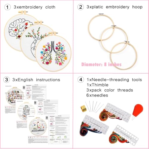 Image of Armindou Flowers Embroidery Kits for Beginners Adults, Hand Embroidery Set Needlepoint Kits, Floral Stamped Cross Stitch Kits for Beginners Adults, 3 Embroidery Hoops, Fabric (Attached Video Tutorial)