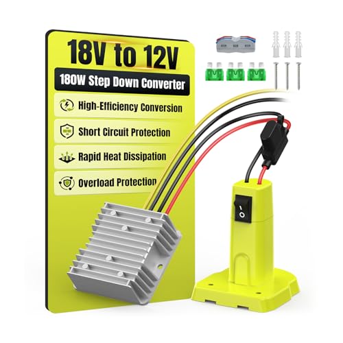 Haseed 18V to 12V Step Down Converter Compatible with Ryobi 18V Battery, DC Voltage Regulator 12V 15A 180W Buck Converter, Step Down Converter Adapter with Switch, 30A Fuse & Wire Terminal