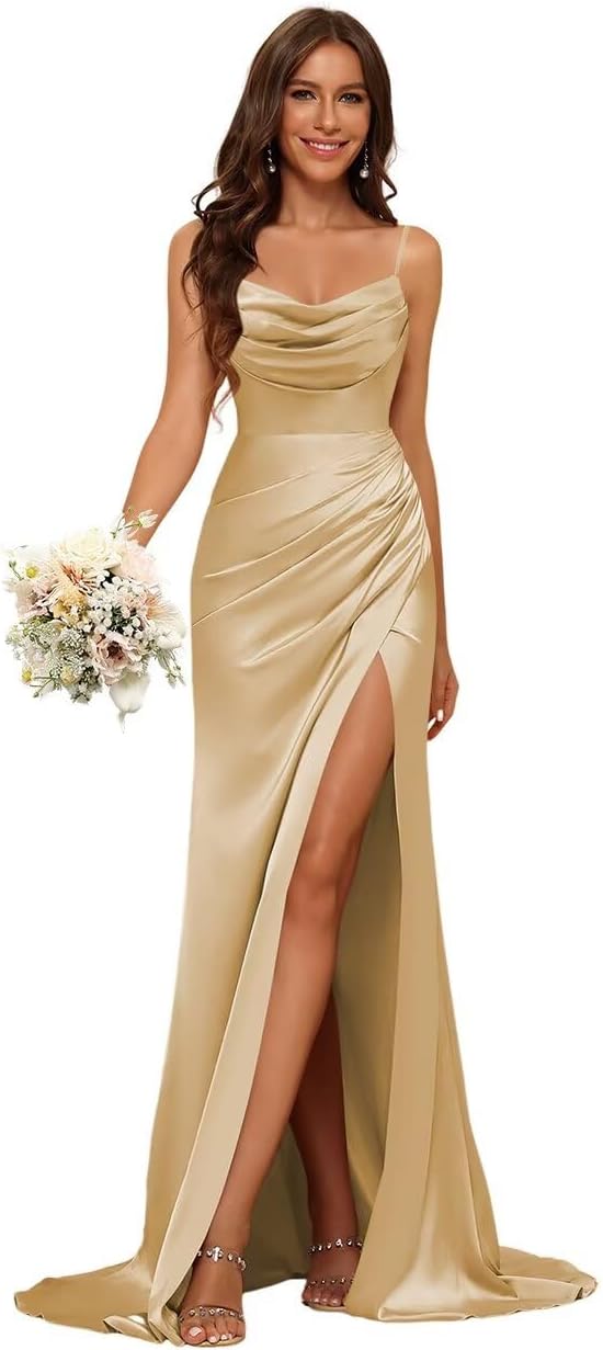 Stylefun Women's Cowl Neck Satin Prom Dresses with Slit Long Mermaid Formal Bridesmaid Dresses CYM302