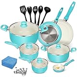 【17-teilig】 - Dieses Kochgeschirr-Set enthält 3 Bratpfannen ohne Deckel, Ø 20 x 4,5 cm/Ø 26 x 5 cm/Ø14 x 3cm; 2 Milchpfannen mit Deckel, Ø 14 x 7,6 cm/Ø 16 x 8 cm; 2 Suppentopf mit Griffen, Ø 18 x 9 cm/Ø 24 x 11 cm; 5 Stück Silikonspatel und Löffel. Und wir schicken 5 extra Messlöffel. Das Set enthält alles, was Sie brauchen und ist für alle Garmethoden geeignet.