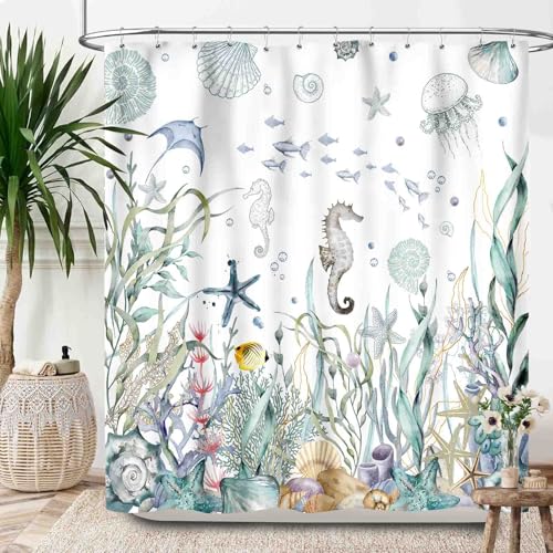 Lnepty Nautical Beach Shower Curtains,Coastal Seahorse Undersea Animal Blue Green Ocean Coral Summer Beach Theme Bathroom Curtain Waterproof Fabric Machine Washable with Hooks,72x72Inch by Lnepty - Used condition - US$16.18
