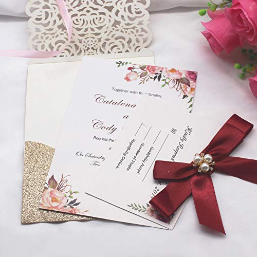 Adasbridal 25Pcs Gold Glitter Laser Cut Invitations With Rsvp Cards And Envelopes Luxury Diamond And Ribbon Design With 250Gsm Pearl Paper Insert For Wedding Engagement Birthday Quinceanera Invite #TOP1