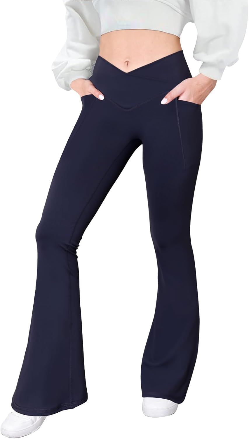 Flare Leggings with Pockets for Women Seamless Crossover Yoga Pants with Tummy Control Bootcut Work Pants Trendy - Image 2