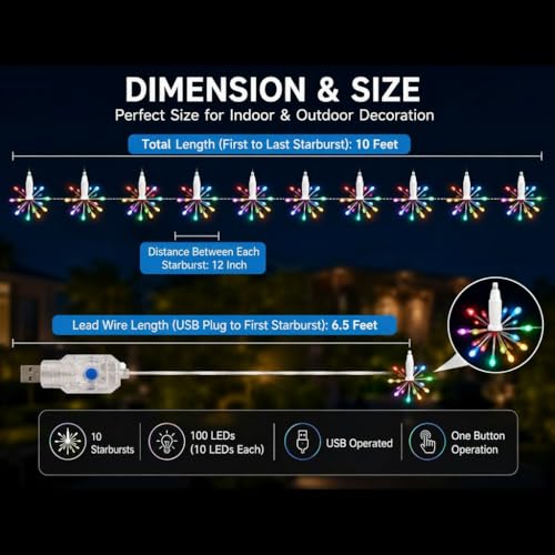 Image of Litehom Starbursts Lights, 10 ft USB-Powered Waterproof Fairy Star String Lights - Indoor-Outdoor Decor for Diwali, Navratri, Christmas & New Year (Multi)