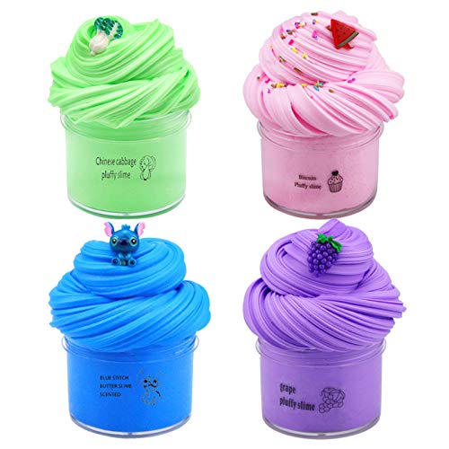 Fanjie 4 Pack Butter Slime Kit for Girls and Boys,Stitch Blue Slime Watermelon Purple Grapes and Cabbage Cloud Slime,Scented Slime Super Soft Non-Sticky Stretchy Sludge Stress Relief Toy Gift