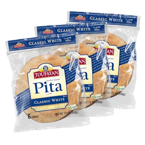 Toufayan Classic White Pita Bread | Naturally Vegan, Cholesterol Free (3 Pack, 18 Pitas Total)
