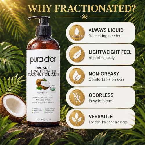 Image of PURA D'OR ORGANIC Fractionated Coconut Oil MCT Oil (16 Oz) 100% Pure & Natural USDA Certified