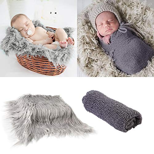 2Pcs Baby Newborn Photo Props Wraps & Photography Mat, DIY Newborn Baby Photo Blanket Swaddle Photography Props Wraps, Infant Soft Faux Fur Photography Backdrops Mat for Baby Boys Girls