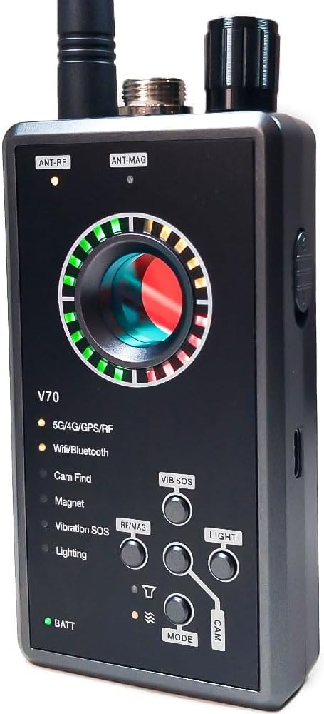 Detector de Microsespías y GPS Spy Detector – Detector de cámaras ocultas profesional con RF WiFi Bluetooth 5G, magnético y vibración – Dispositivo para remediación ambiental (V70)