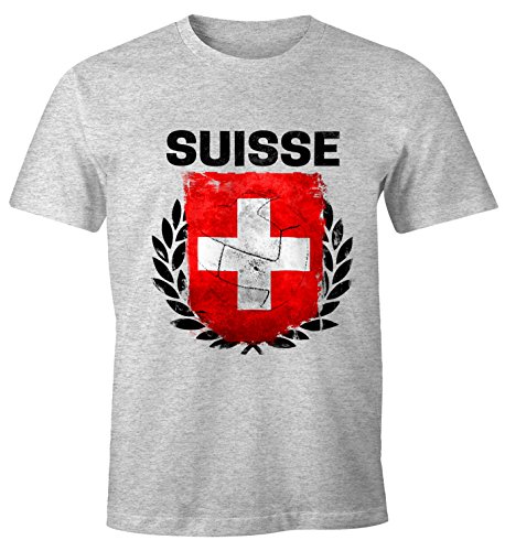 MoonWorks EM WM T-Shirt Herren Fußball Schweiz Flagge Vintage Suisse Fanshirt Fan Shirt Grau-Melange XL