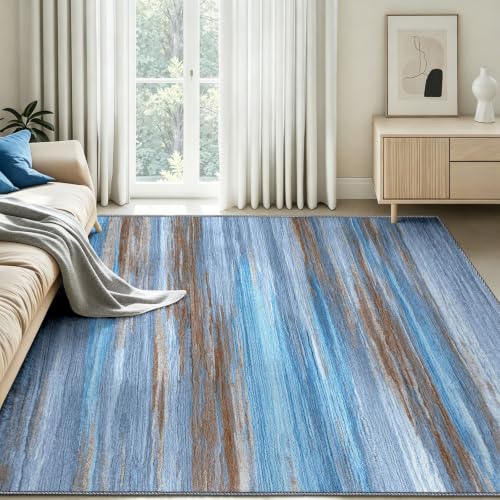 Alfombra interior de pelo corto azul lavable con rayas horizontales 8