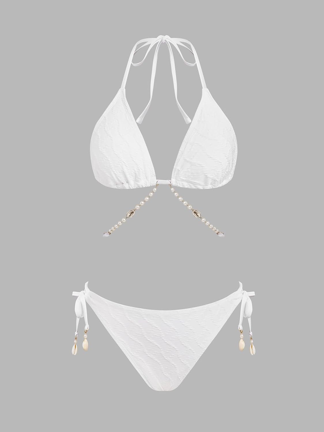 CUPSHE Women's Bikini Sets Halter Neck Two Pieces Textured Bathing Suit Adjustable Pearl Chain Straps Side Drawstring