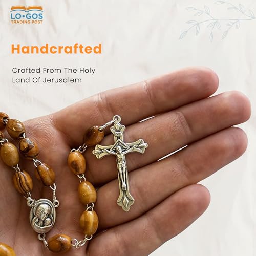 Holy Land Olive Wood Catholic Rosary from Israel, Oval Medal with Virgin Mary and Infant Jesus with Embedded Jerusalem Soil, Dangling Crucifix Cross Pendant, For Men & Women, Rosario Católico