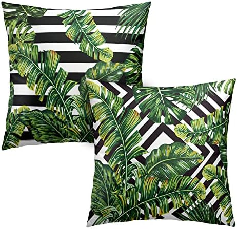 Kwlegh Tropical Green Leaves Throw Pillow Covers 18x18 Set of 2 Summer Palm Tree Pillow Cases Geometric Black and White Square Decorative Pillow Covers Modern Home Decor for Sofa Bed