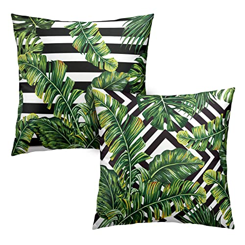 Kwlegh Tropical Green Leaves Throw Pillow Covers 18X18 Set Of 2 Summer Palm Tree Pillow Cases Geometric Black And White Square Decorative Pillow Covers Modern Home Decor For Sofa Bed #TOP11