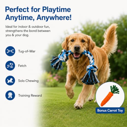 Image of Dog Rope Toys for Large /Medium Aggressive Chewers Tough Rope Chew Toy with Easy Hold Handle, Indestructible Natural Cotton Tug Rope (2-Piece Rope)