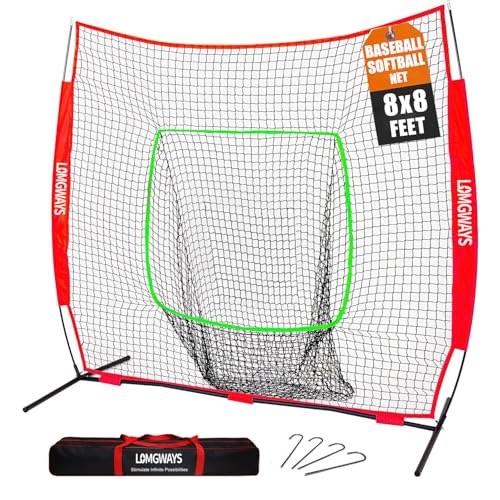 LOMGWAYS 8x8 ft Baseball & Softball Practice Net with Steel Frame for Batting, Hitting, Pitching, Portable Baseball Batting Net with Carry Bag, Great for All Levels