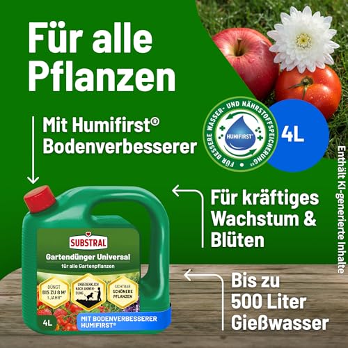 Substral Universal Flüssigdünger, 4L - Stärkt Pflanzenwachstum & Blütenbildung, mit Humifirst für alle Gartenpflanzen
