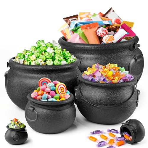 Zesua Halloween Decorations - 6 in 1 Package Large Black Plastic Witches Cauldron - Cauldron Candy Bowl - Trick or Treat - Cauldron Pot for Indoor Outdoor Party Table Decor